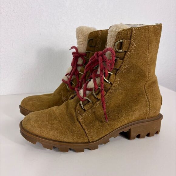 Sorel Tan Suede Sherpa Tongue Red Lace Up Mid Calf Combat Boots Women's Size 8 - Picture 3 of 11